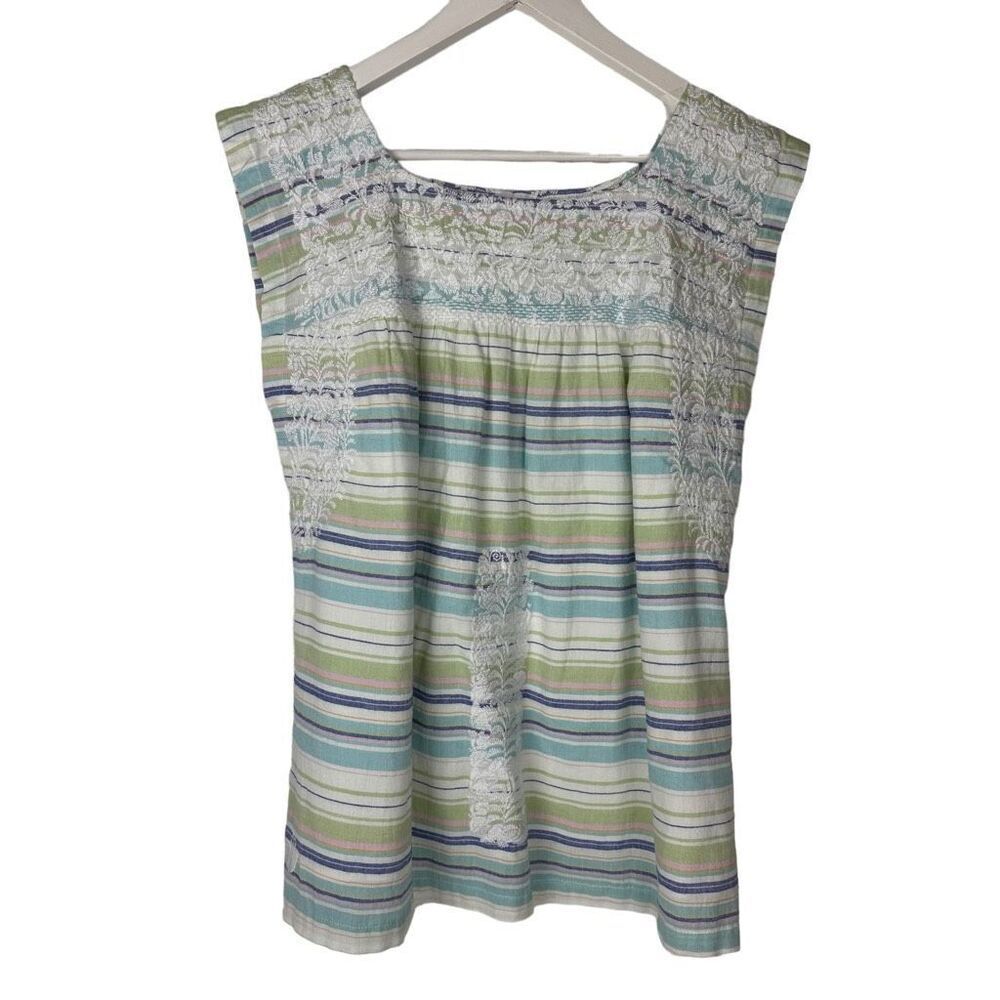 J. Marie Stripe embroidered Top size Medium Green Blue White